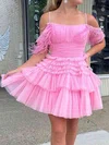 Square Neckline Glitter Tulle Skater Homecoming Dresses With Feathers #Milly02053077