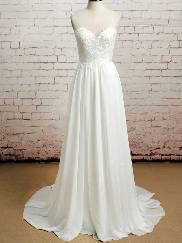 A-line Illusion Chiffon Sweep Train Wedding Dresses With Appliques Lace #00020482