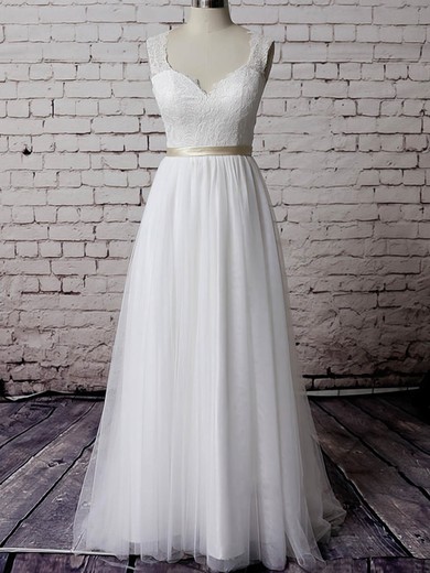 V-neck White Tulle Lace Sashes/Ribbons Court Train Elegant Wedding Dress #00020483