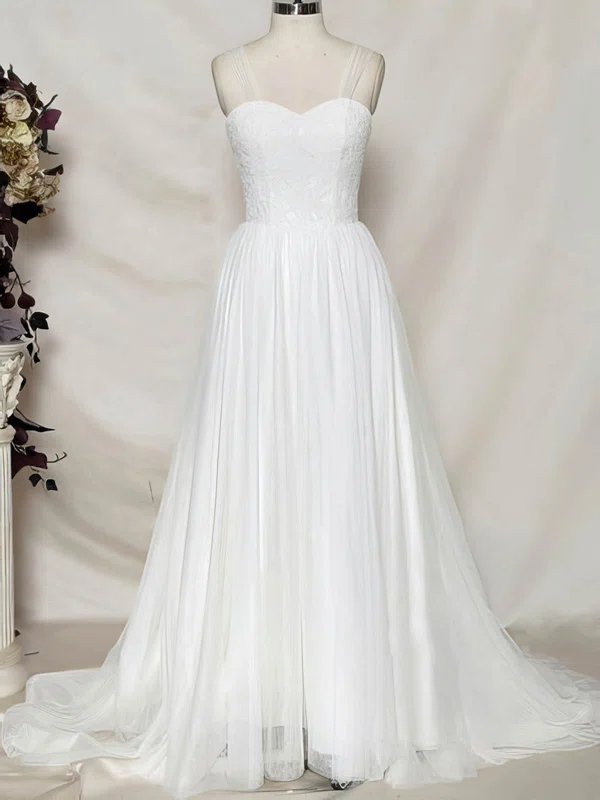 Sweep Train Sweetheart White Tulle with Appliques Lace Discount Wedding Dress #00020484