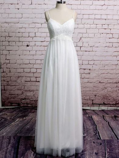 Inexpensive White Tulle Appliques Lace Spaghetti Straps V-neck Empire Wedding Dresses #00020485