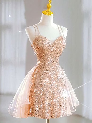 Sparkly Rose Gold Skater Sequin Homecoming Dresses #Milly02053290