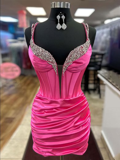 Corset Fuchsia Bodycon Satin Beaded Ruched Homecoming Dresses #Milly02053308