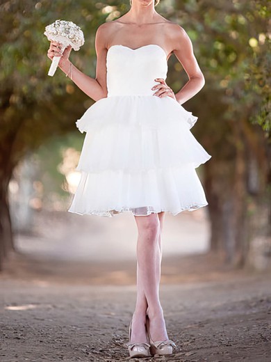 Sweet Short/Mini White Tiered Organza With Lace-up Ball Gown Wedding Dresses #00020492