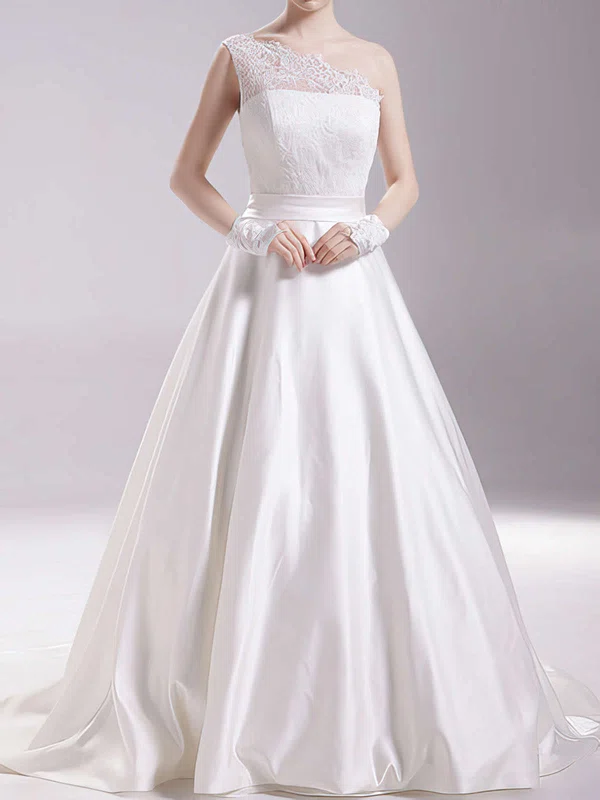 Ball Gown One Shoulder Satin Court Train Wedding Dresses With Lace #00020493