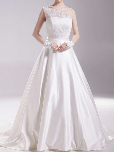 Ball Gown White Satin Lace Sashes/Ribbons Pretty One Shoulder Wedding Dress #00020493