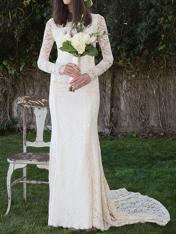 Vintage Lace High Neck Ivory Sheath Column Long Sleeve Wedding Dress millybridal