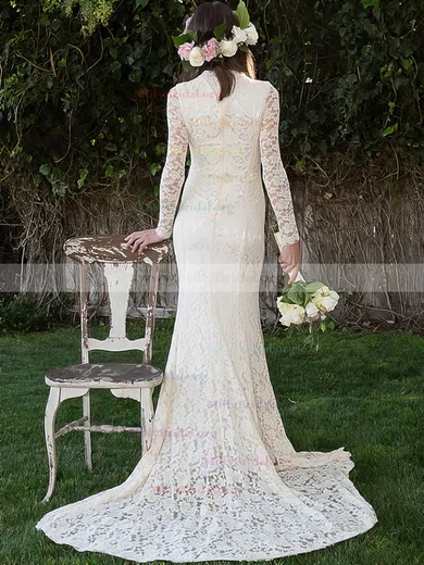 Vintage Lace High Neck Ivory Sheath Column Long Sleeve Wedding Dress