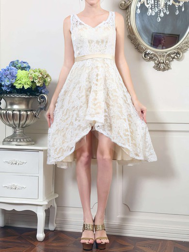 High Low V-neck Ivory Lace Sashes/Ribbons Asymmetrical Cute Wedding Dresses #00020498