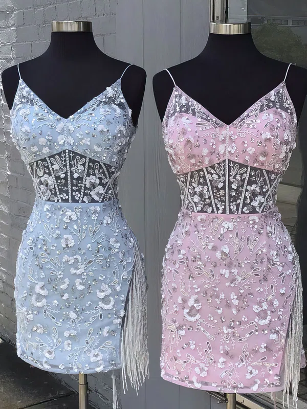 V-neck Glitter Lace Bodycon Homecoming Dresses With Tassels #Milly02053488