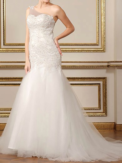 White Tulle Appliques Lace Trumpet/Mermaid One Shoulder Wedding Dresses #00020500