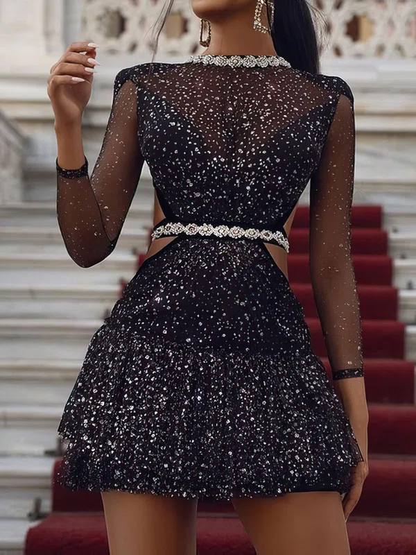 Black Glitter Long Sleeve Homecoming Dresses #Milly02053557