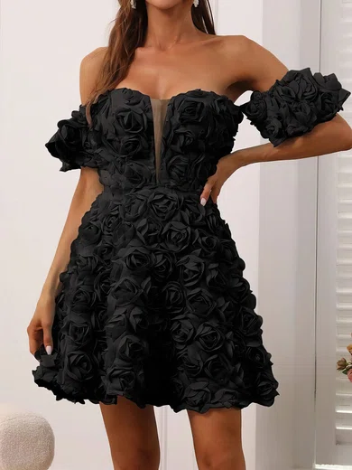 Unique Black Skater Off The Shoulder Floral Homecoming Dresses millybridal