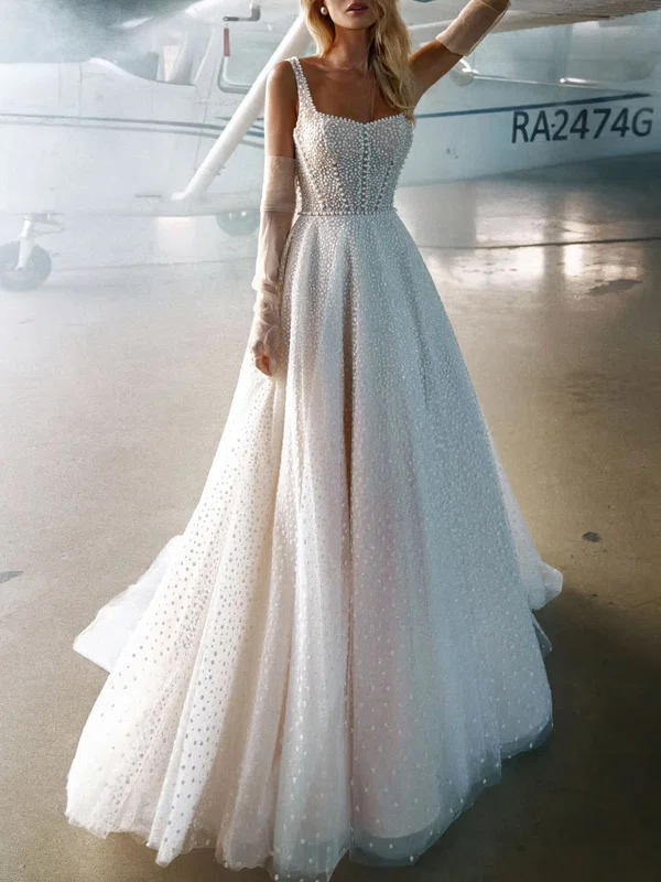 Ball Gown/Princess V-neck Tulle Sweep Train Wedding Dress With Pearl Detailing #Milly00027307