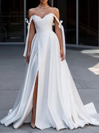 Ball Gown/Princess Off-the-shoulder Satin Sweep Train Wedding Dress With Appliques Lace #Milly00027309