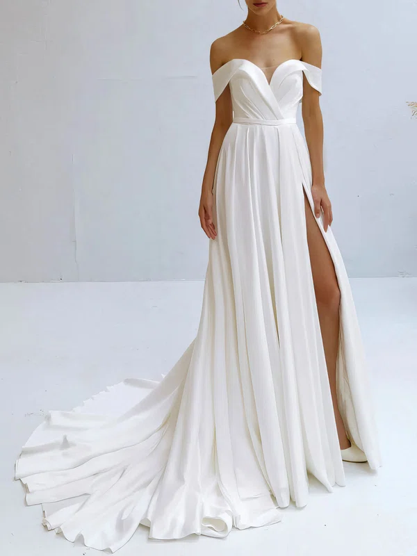 A-line Off-the-shoulder Satin Court Train Wedding Dress With Ruched #Milly00027319