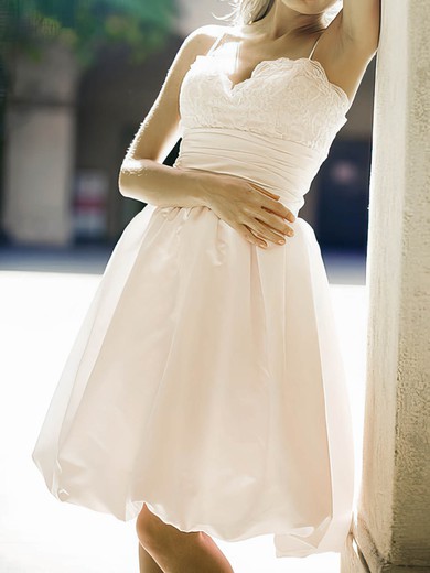 Sweetheart White Satin Lace Straps Summer Knee-length Wedding Dress #00020514