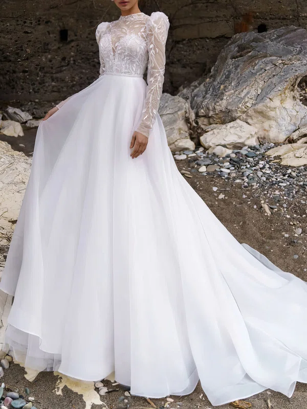 Ball Gown/Princess High Neck Tulle Court Train Wedding Dress With Beading #Milly00027324