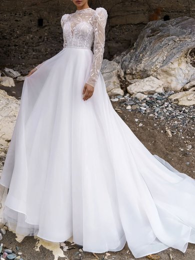 Ball Gown/Princess High Neck Tulle Court Train Wedding Dress With Beading #Milly00027324