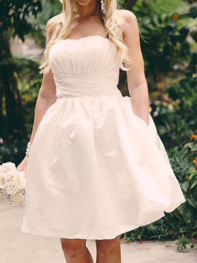 Ball Gown White Satin Ruffles Lace-up Modest Knee-length Wedding Dress #00020516