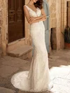 Trumpet/Mermaid V-neck Lace Sweep Train Wedding Dress With Appliques Lace #Milly00027343