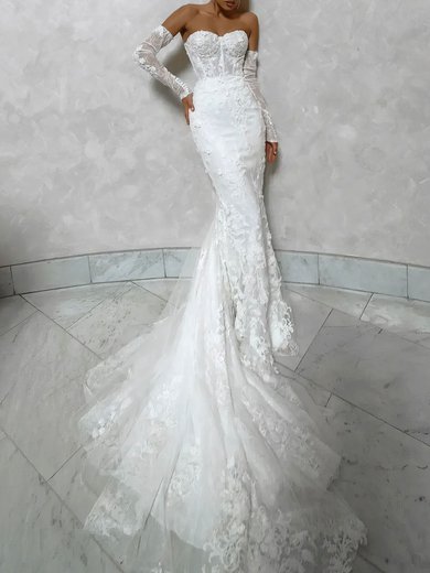 Trumpet/Mermaid Sweetheart Lace Court Train Wedding Dress With Appliques Lace #Milly00027345