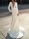 Trumpet/Mermaid V-neck Stretch Crepe Sweep Train Wedding Dress With Beading #Milly00027348