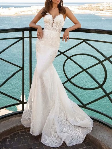 Trumpet/Mermaid V-neck Lace Sweep Train Wedding Dress With Appliques Lace #Milly00027350