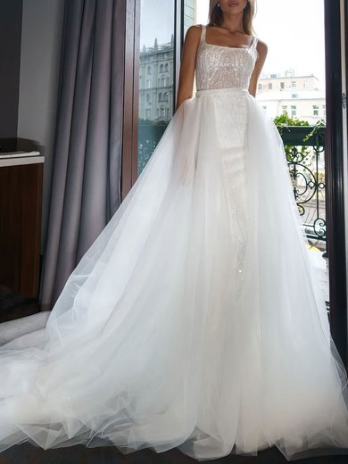 Ball Gown/Princess Square Neckline Lace Tulle Court Train Wedding Dress With Beading #Milly00027351