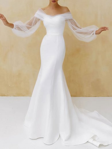 Trumpet/Mermaid Off-the-shoulder Satin Sweep Train Wedding Dress With Ruched #Milly00027359