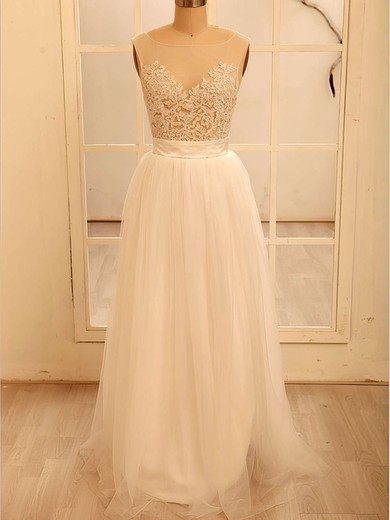 White Tulle Floor-length Scoop Neck Appliques Lace Beautiful Wedding Dresses #00020518