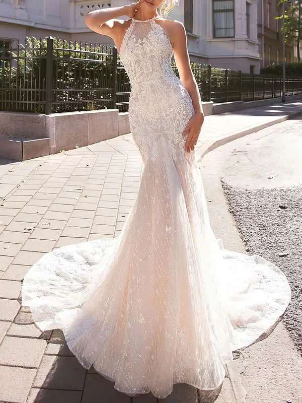 Trumpet/Mermaid Scoop Neck Glitter Lace Court Train Wedding Dress With Beading #Milly00027360