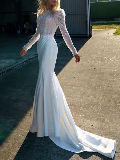 Trumpet/Mermaid Scoop Neck Glitter Stretch Crepe Sweep Train Wedding Dress #Milly00027367