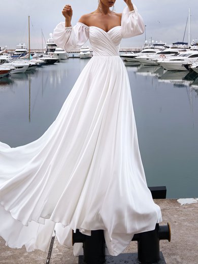 A-line Off-the-shoulder Chiffon Sweep Train Wedding Dress With Ruched #Milly00027370