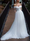 Ball Gown/Princess Off-the-shoulder Satin Tulle Chapel Train Wedding Dress With Ruched #Milly00027372