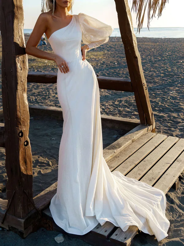 Trumpet/Mermaid One Shoulder Glitter Court Train Wedding Dress With Ruched #Milly00027373