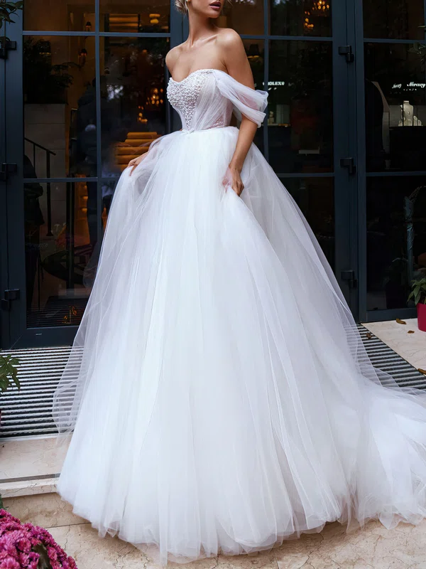 Ball Gown/Princess Off-the-shoulder Tulle Court Train Wedding Dress With Pearl Detailing #Milly00027376