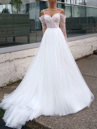 Ball Gown/Princess Off-the-shoulder Tulle Court Train Wedding Dress With Lace #Milly00027381