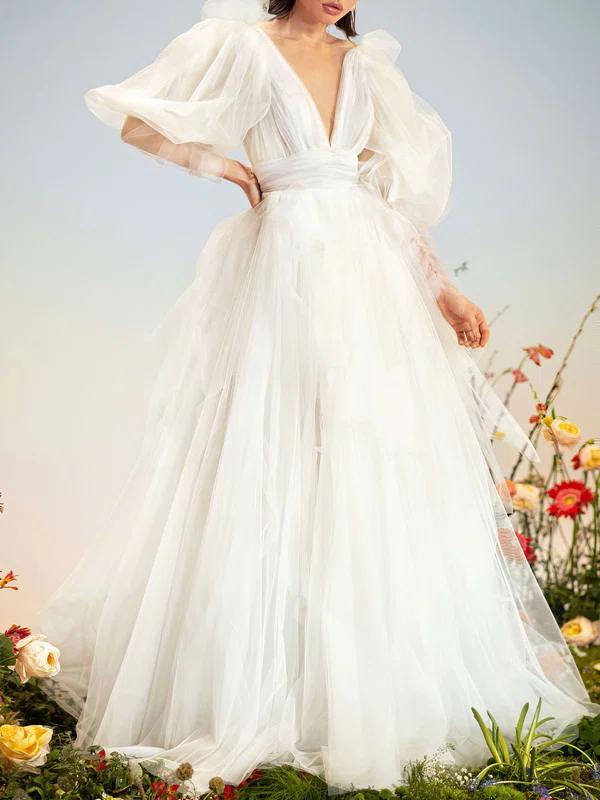 Ball Gown/Princess V-neck Tulle Sweep Train Wedding Dress With Ruched #Milly00027382