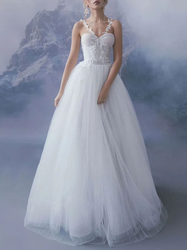 Ball Gown/Princess V-neck Tulle Sweep Train Wedding Dress With Appliques Lace #Milly00027384