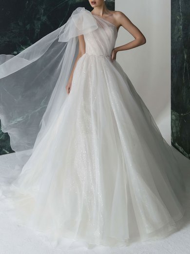 Ball Gown/Princess One Shoulder Glitter Tulle Court Train Wedding Dress With Bow #Milly00027386