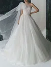 Ball Gown/Princess One Shoulder Glitter Tulle Court Train Wedding Dress With Bow #Milly00027386