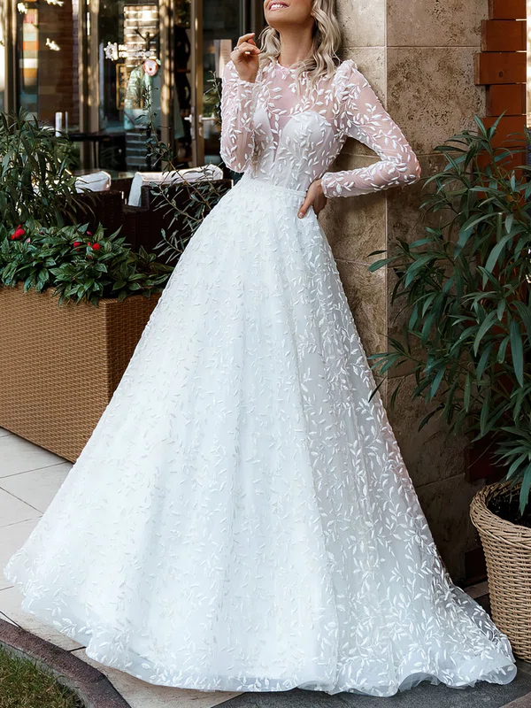 Ball Gown/Princess Illusion Lace Sweep Train Wedding Dress #Milly00027391