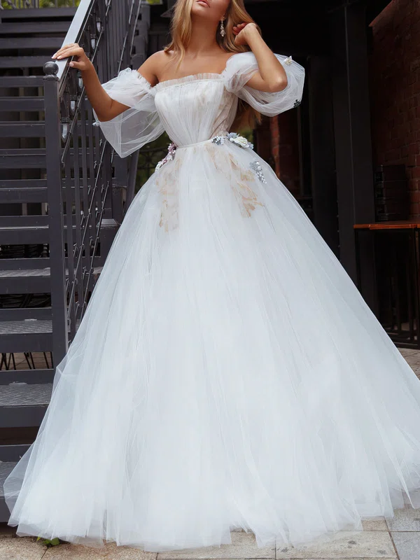 Ball Gown/Princess Off-the-shoulder Tulle Floor-length Wedding Dress With Flower(s) #Milly00027392