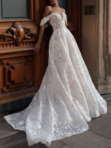 Ball Gown/Princess Off-the-shoulder Lace Court Train Wedding Dress With Pearl Detailing #Milly00027395