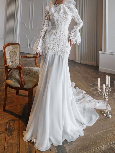 Trumpet/Mermaid High Neck Lace Chiffon Court Train Wedding Dress #Milly00027397