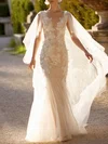 Trumpet/Mermaid V-neck Tulle Sweep Train Wedding Dress With Appliques Lace #Milly00027399