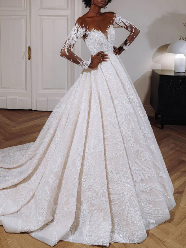 Ball Gown/Princess Illusion Glitter Lace Chapel Train Wedding Dress With Appliques Lace #Milly00027407