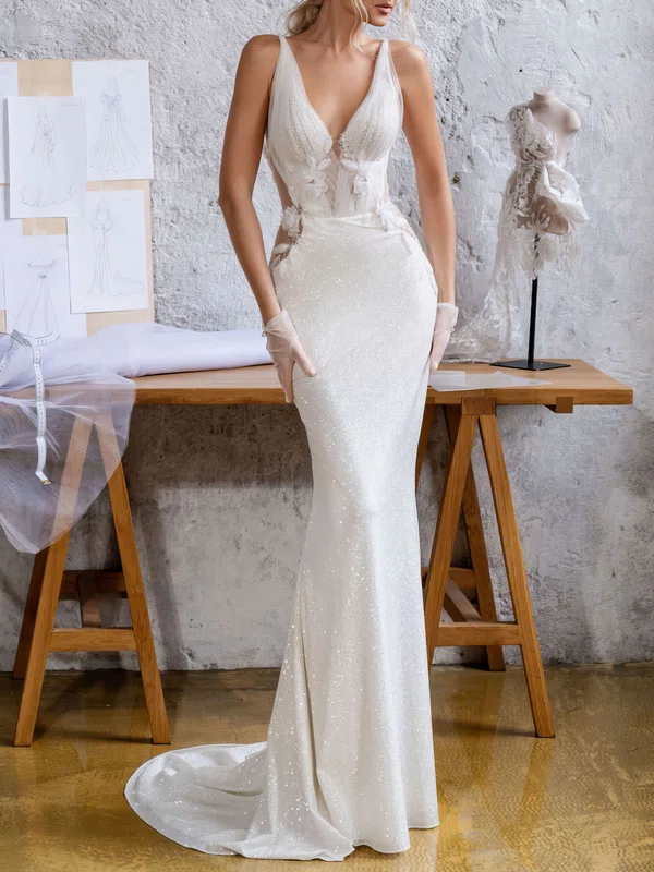 Trumpet/Mermaid V-neck Glitter Tulle Watteau Train Wedding Dress With Appliques Lace #Milly00027408