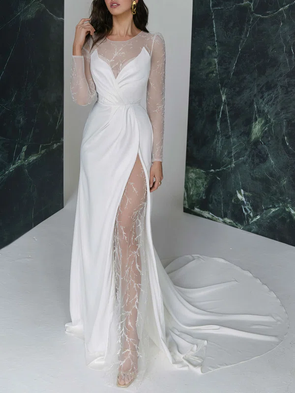 Sheath/Column Illusion Satin Sweep Train Wedding Dress With Split Front #Milly00027421